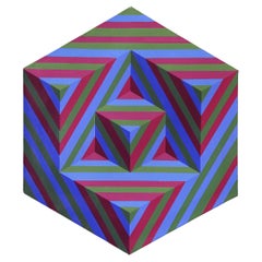 1997 Pintura geométrica Marco hexagonal Firmado E. Powell, estilo Victor Vasarely