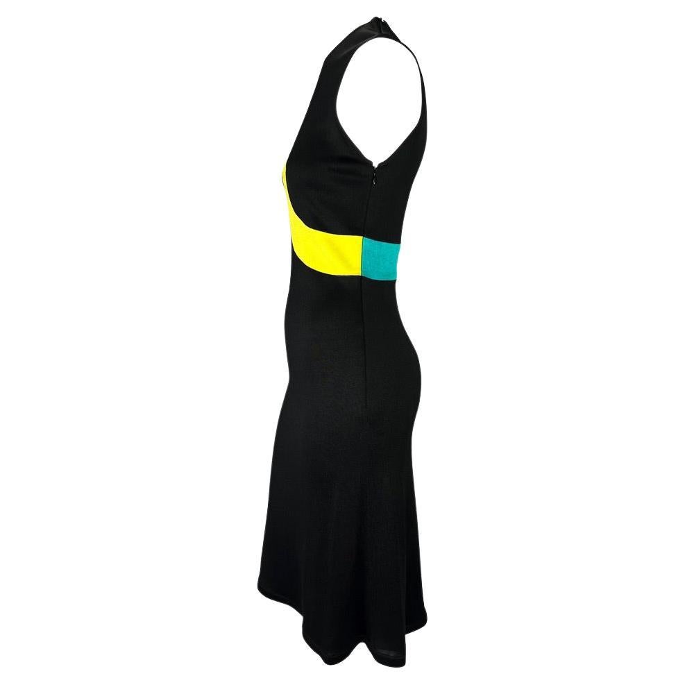 1997 Gianni Versace Black Stretch Knit Blue Yellow Stripe Sleeveless Dress In Excellent Condition For Sale In West Hollywood, CA
