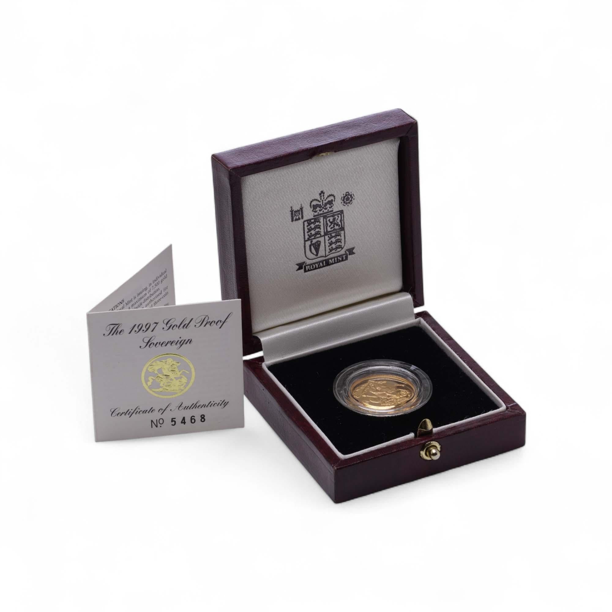 This 1997 Gold Proof Sovereign, struck in 22 carat gold to the finest proof quality, was issued by the Royal Mint with a limited mintage of just 7,500 individually boxed coins. An additional 2,250 were released as part of multi-coin sets, making