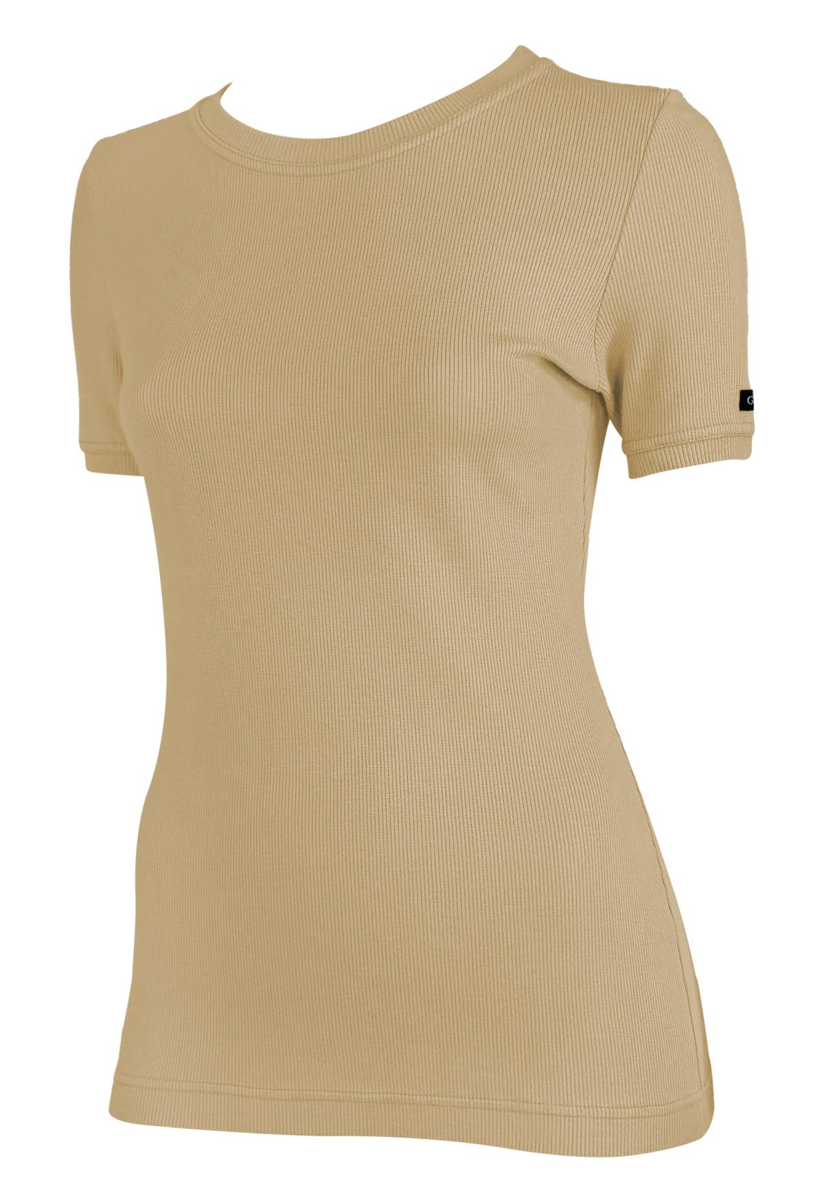 Dalla collezione primavera 1997 di Gucci sotto la guida di Tom Ford, questa t-shirt beige a coste elasticizzata offre una silhouette elegante e aderente. Il design è caratterizzato da una sottile patch nera con logo Gucci sulla manica, che aggiunge