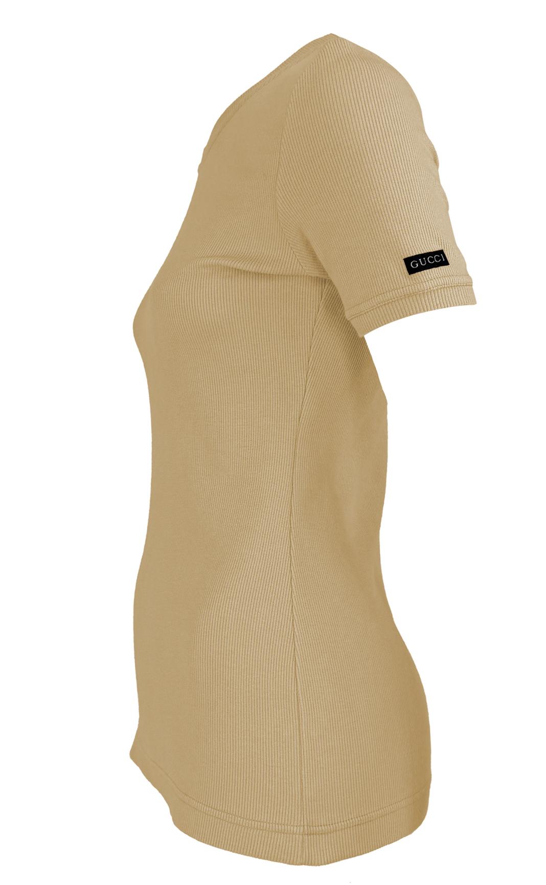 1997 Gucci by Tom Ford Beige Stretch Ribbed Logo T-Shirt Top In condizioni ottime in vendita a West Hollywood, CA
