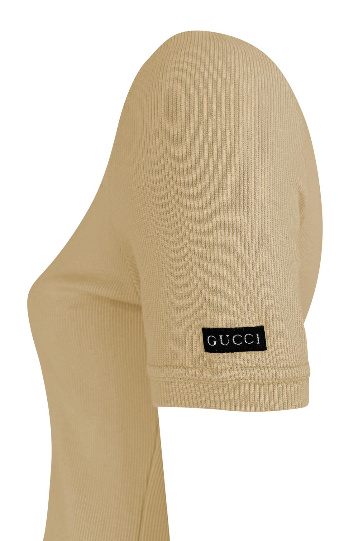 Donna 1997 Gucci by Tom Ford Beige Stretch Ribbed Logo T-Shirt Top in vendita