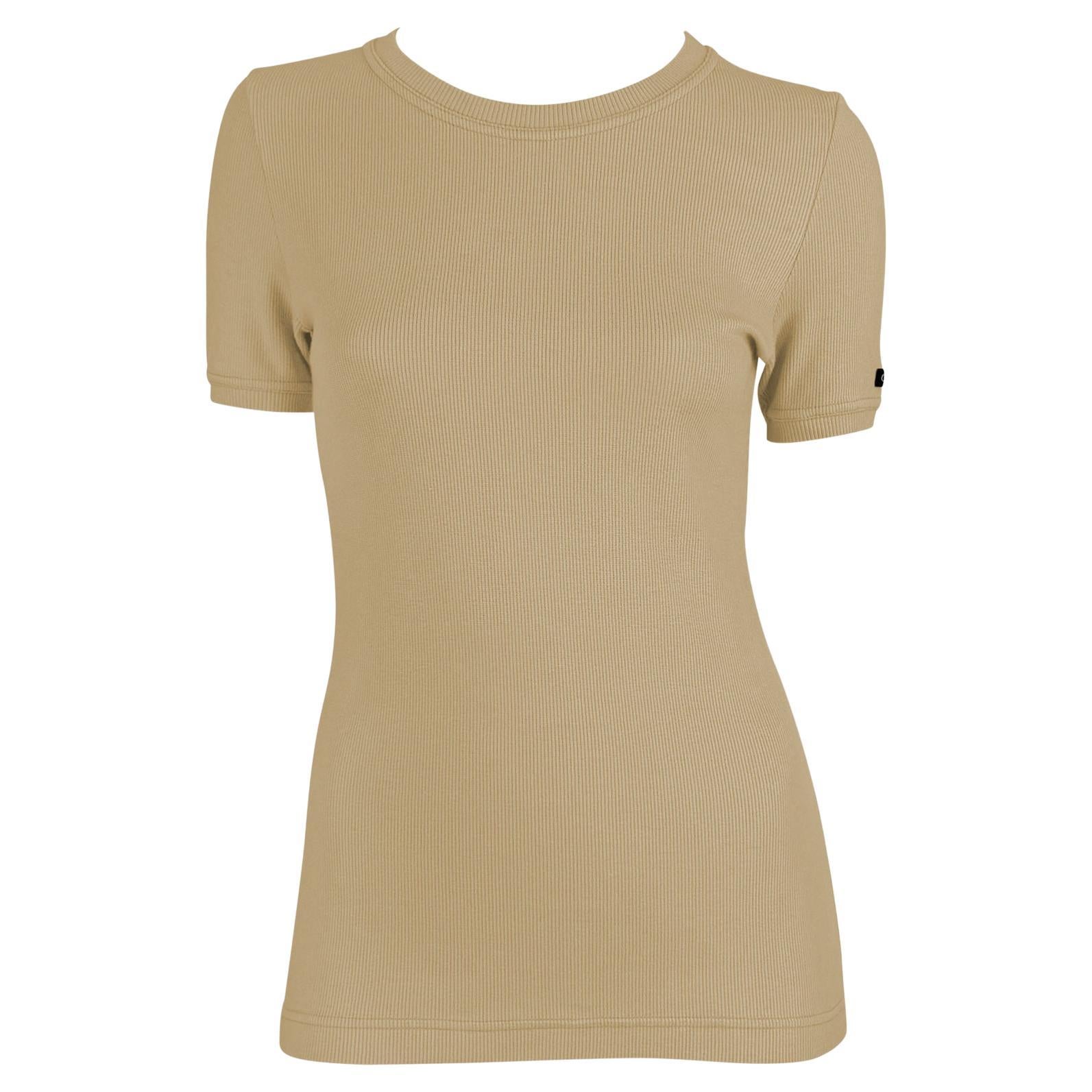 1997 Gucci by Tom Ford Beige Stretch Ribbed Logo T-Shirt Top in vendita