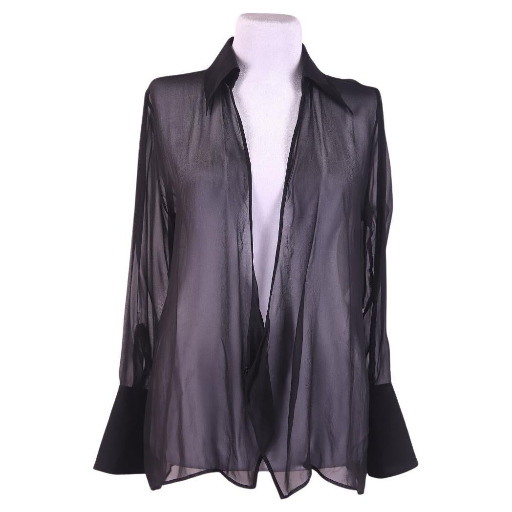 1997 Gucci by Tom Ford Black Sheer Plunge Collared Oversized Tunic Blouse For Sale