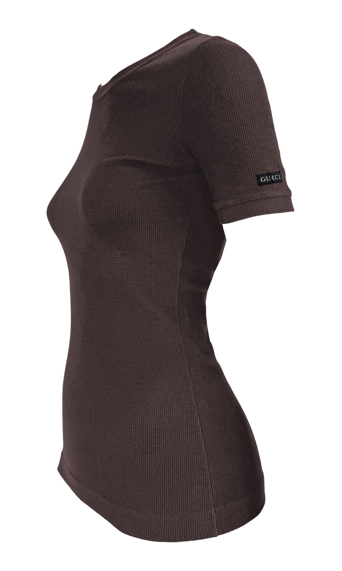 Black 1997 Gucci by Tom Ford Ribbed Brown Stretch Logo T-Shirt Top For Sale