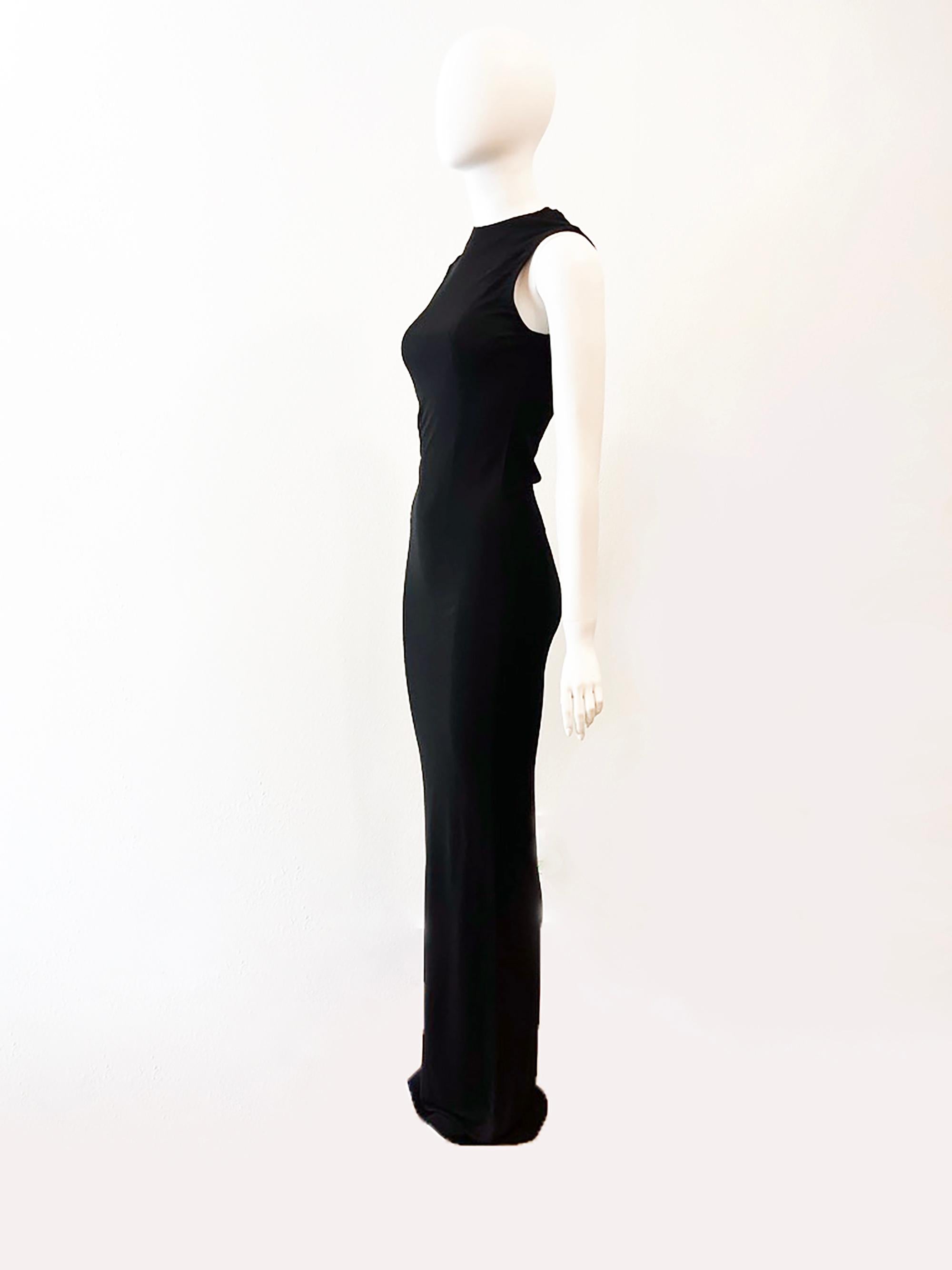 1997 Gucci by Tom Ford Semi-Sheer Stretchy Extra Long Black Gown
Condition: Excellent
Made in Italy
100% rayon 
bust:  26