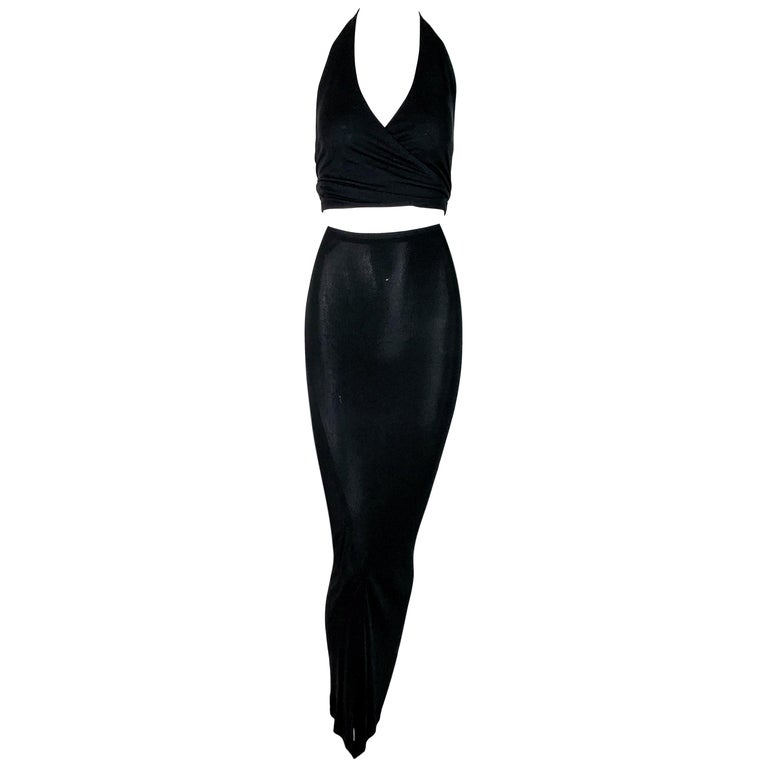 1997 Gucci by Tom Ford Sheer Black Wrap Crop Top and Long Wiggle Skirt ...