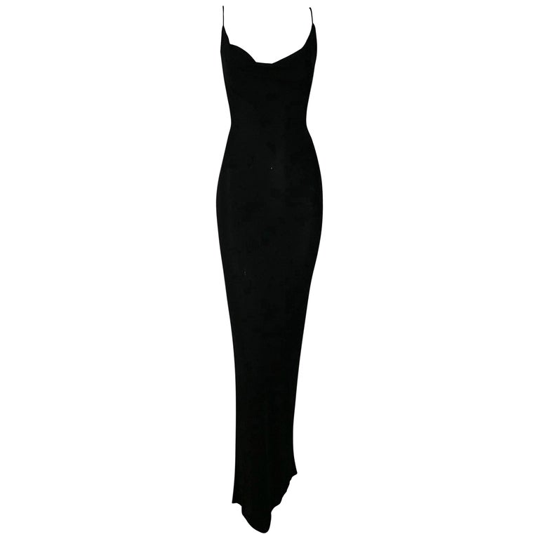 1997 Gucci by Tom Ford Thin Black Slinky Low Scoop Neck Gown Dress at ...