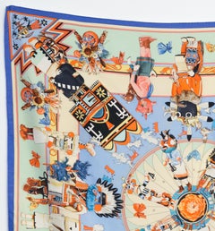 1997 Hermes Blue Kachinas by Olivier Kermit Silk Scarf