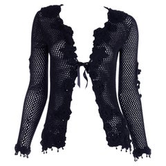 Vintage 1997 Isaac Mizrahi Runway Tiny Label Beaded Black Crochet Cardigan Top