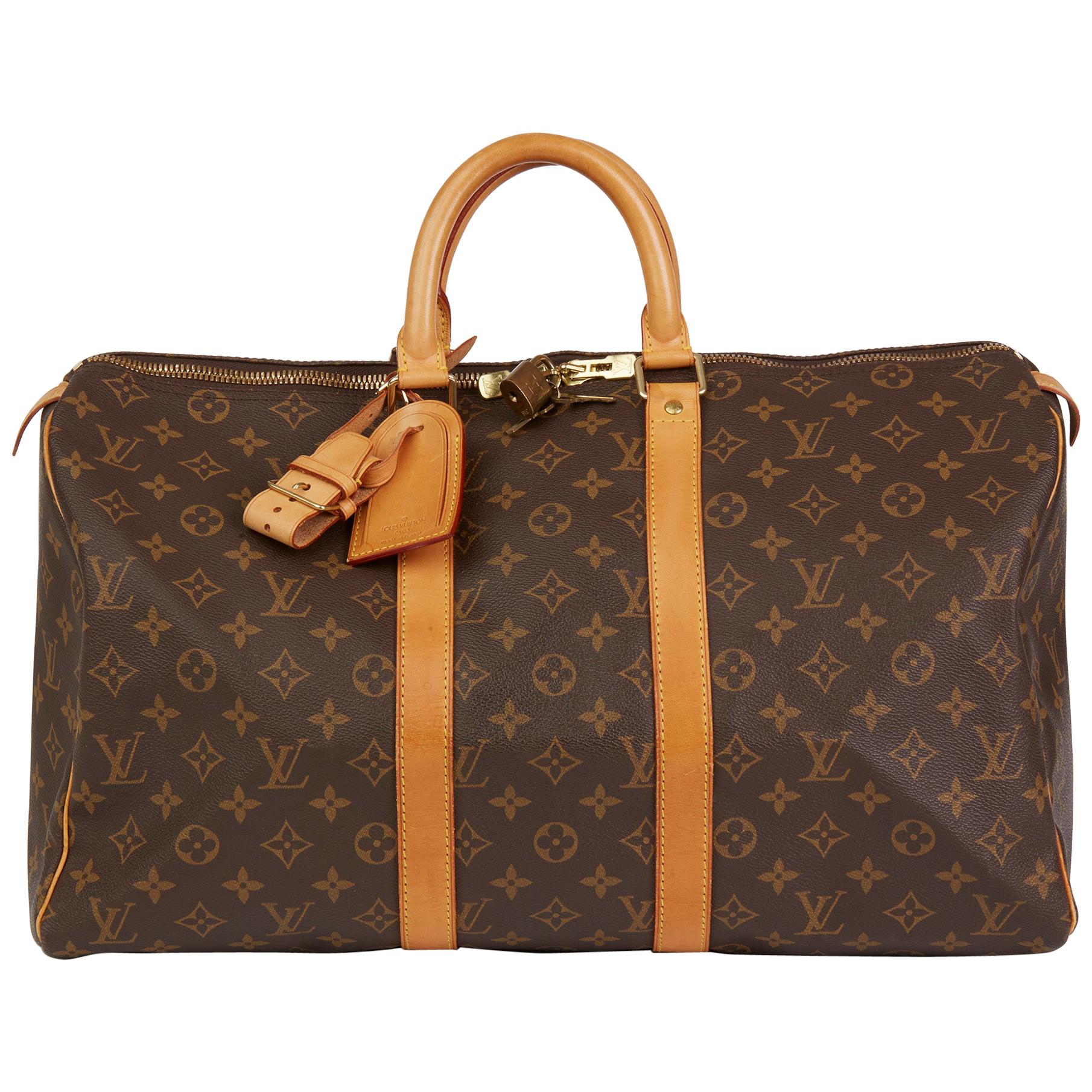 1997 Louis Vuitton Brown Monogram Coated Canvas & Vachetta Vintage Keepall 45