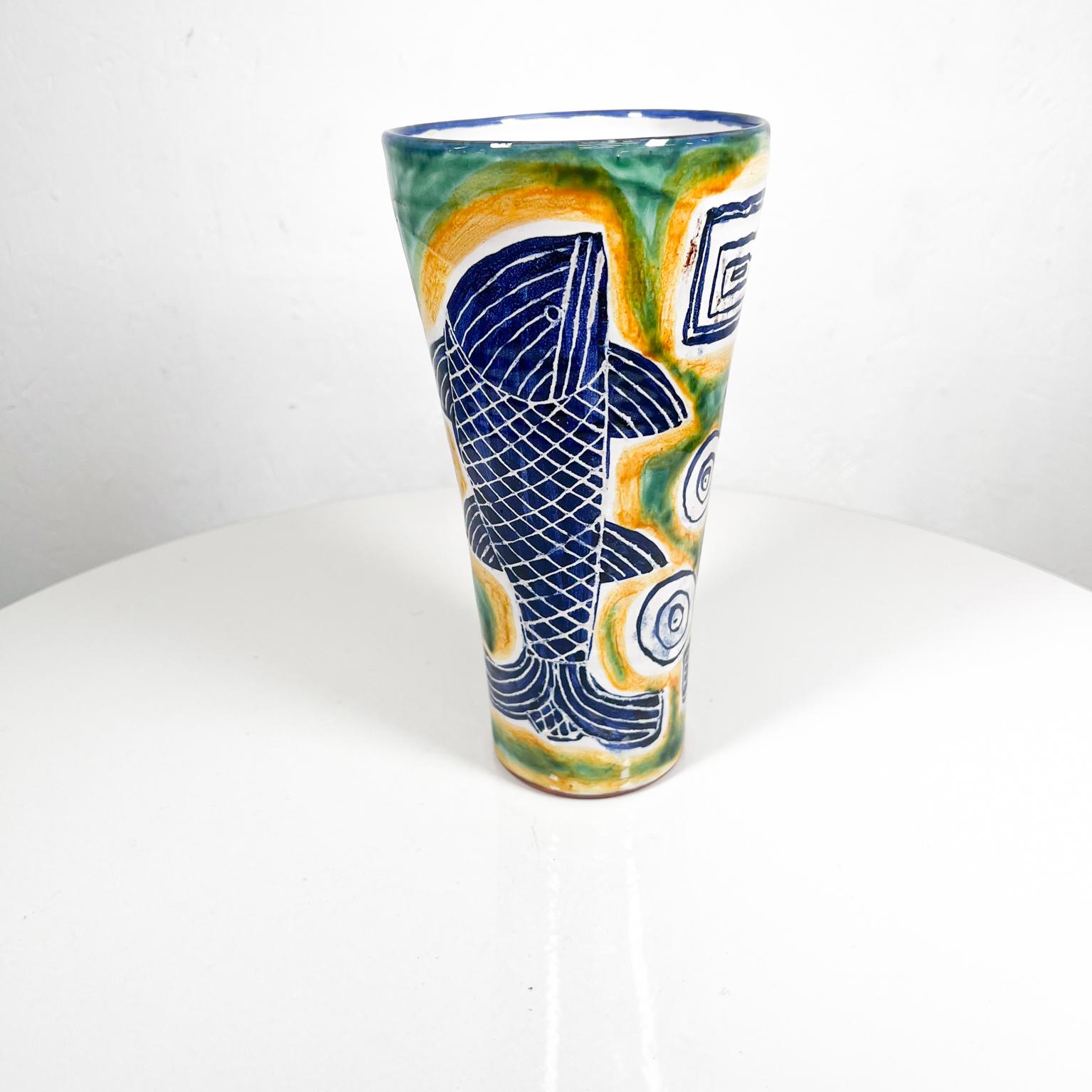 1997 Modern Blue and Green Fish Pottery Ceramic Vase For Sale 3