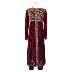 1997 Oscar De La Renta Wine Red Velvet Burnout Duster Jacket and Pants Ensemble