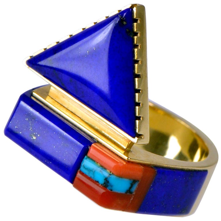 Richard Chavez yellow gold, lapis lazuli, coral and turquoise ring, 1997, offered by Mahnaz Collection