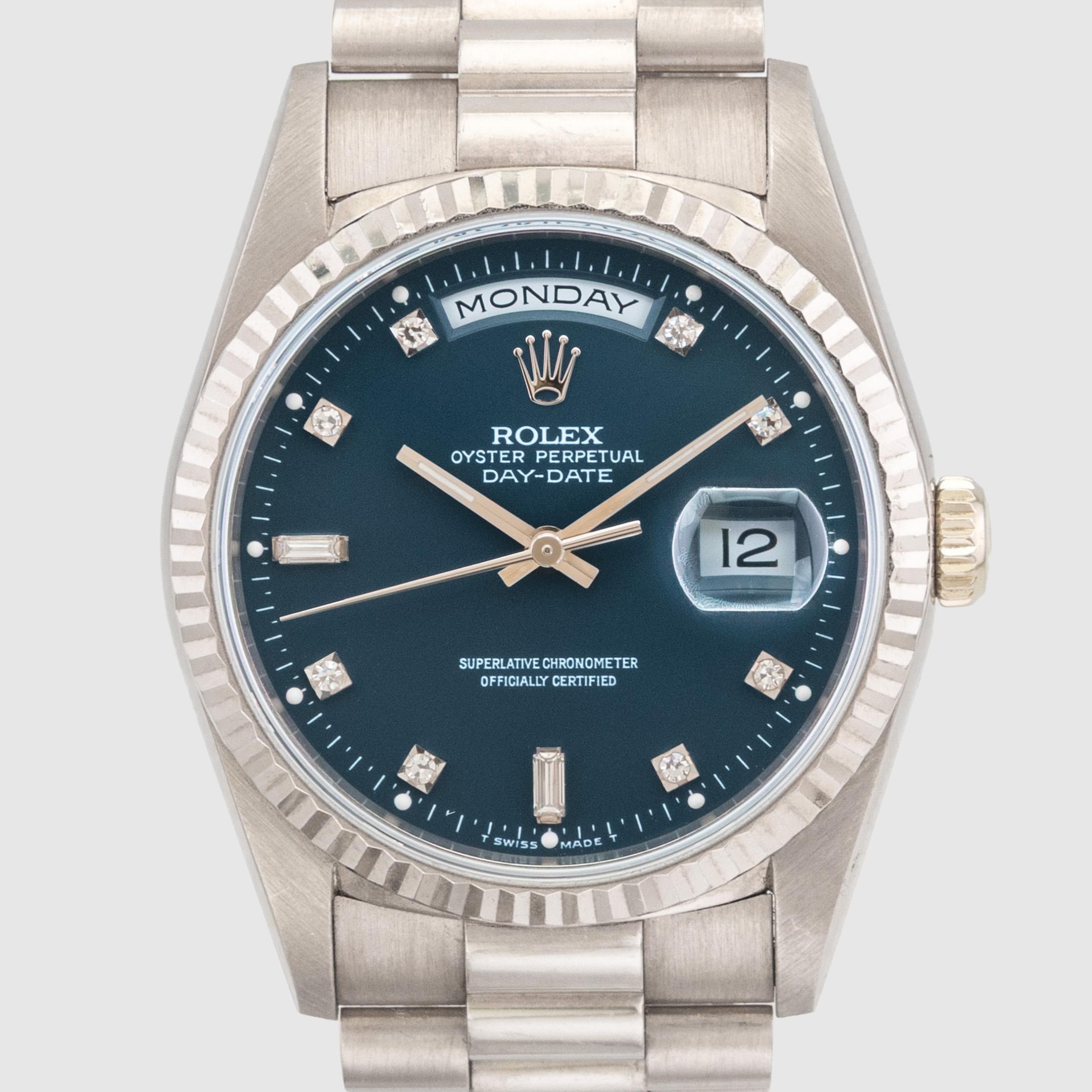1997 Rolex Day Date Petroleum Quadrante Blu Ref. 18239 (con documenti) In condizioni ottime in vendita a Dubai, AE
