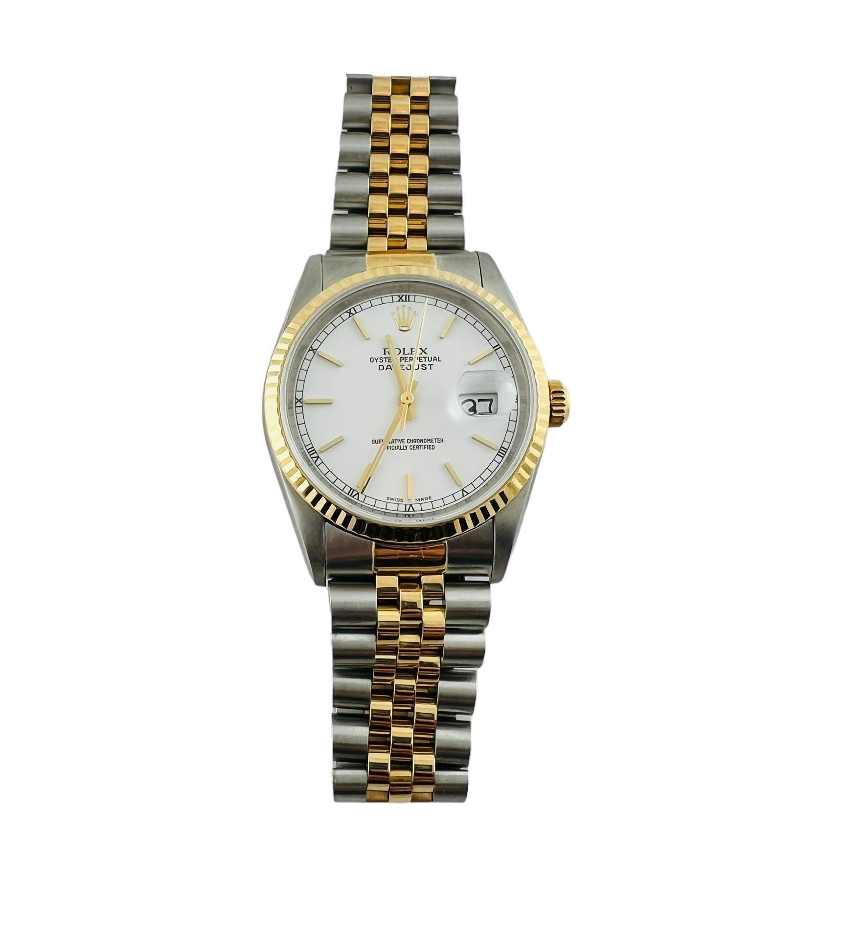 1997 Rolex Men's Oyster Perpetual Datejust Watch

Model: 16233
Serial: U896754

White Dial with gold stick markers

Automatic Movement

Stainless steel and 18K yellow gold

36mm case

Jubilee band fits up to 7 3/4