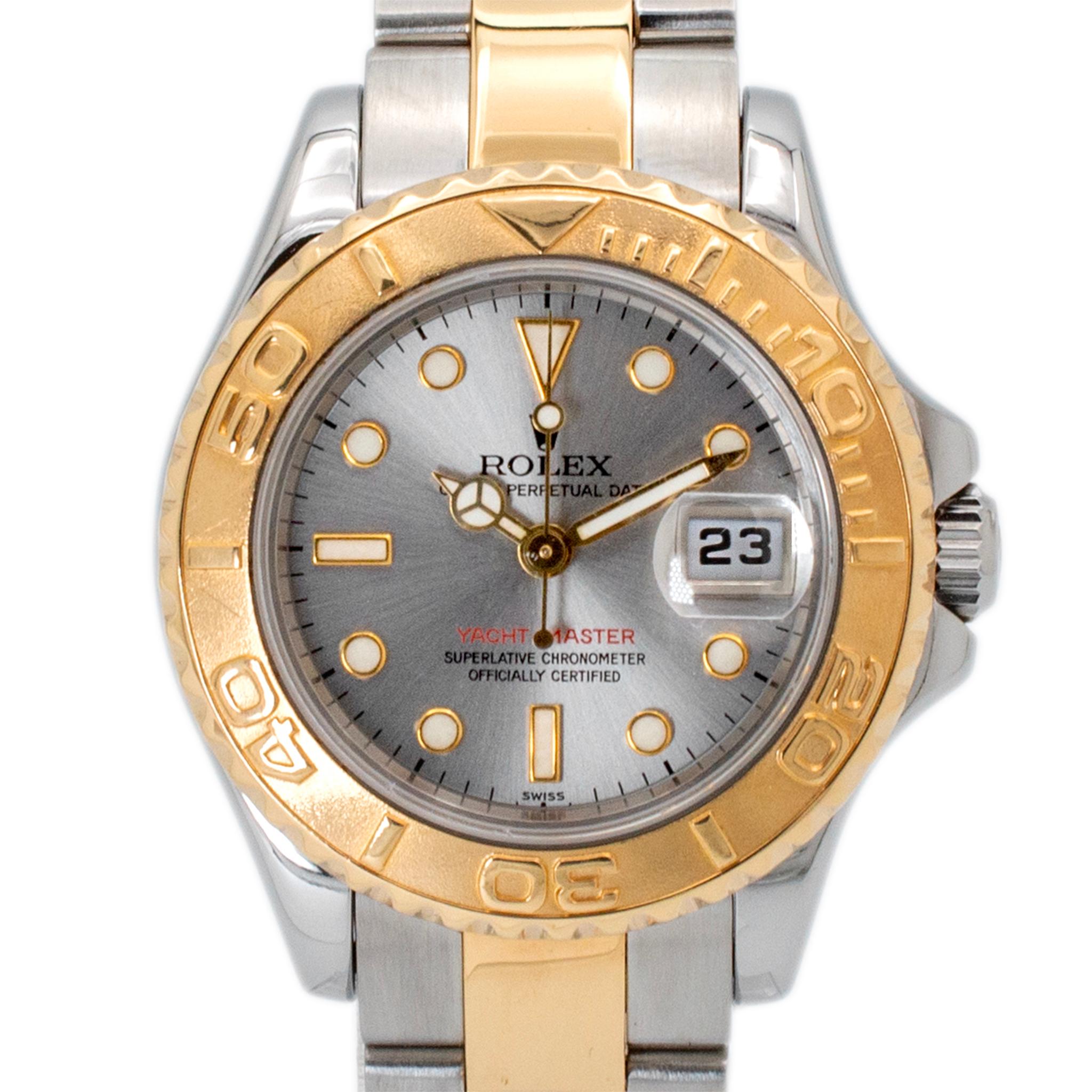 Brand: Rolex

Gender: Ladies

Metal Type: 18K Yellow Gold & Stainless Steel

Diameter: 29.00 mm

Weight: 72.30 Grams

Ladies 18K yellow gold and stainless steel ROLEX Swiss made watch. The metals were tested and determined to be 18K yellow gold and