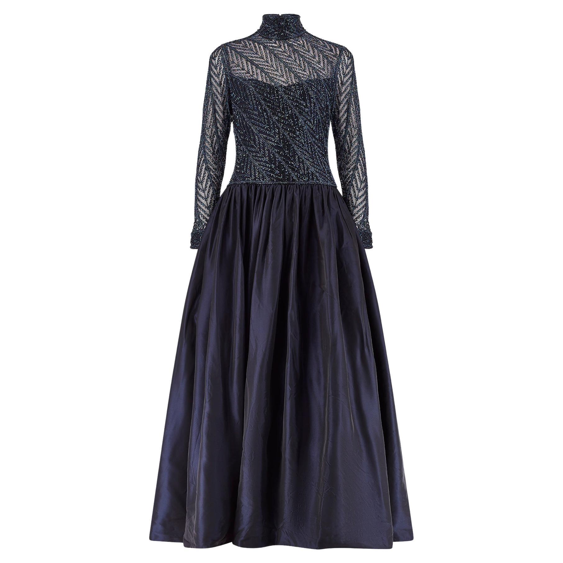 1997 Runway Bob Mackie Navy Blue Embellished Bodice Dress For Sale