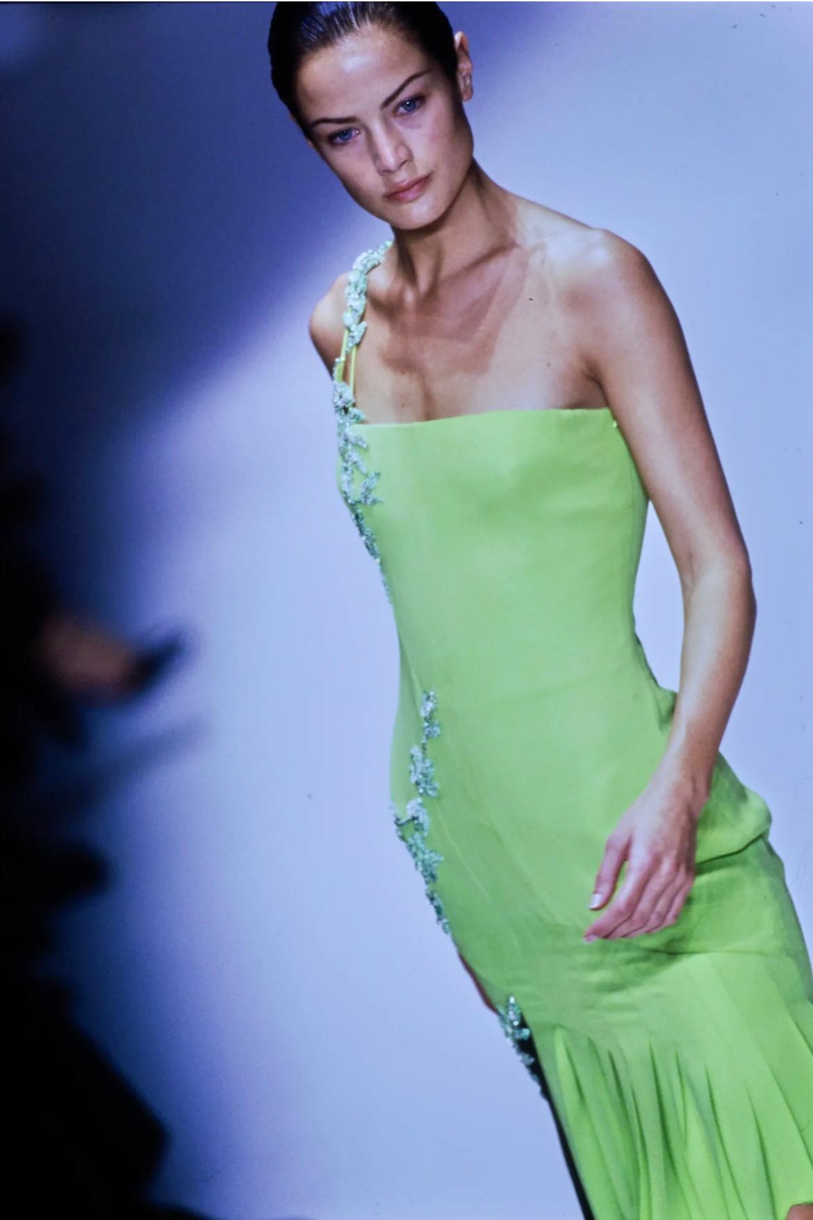 1997 Runway Documented Versace Lime Green Embellished Dress For Sale 3