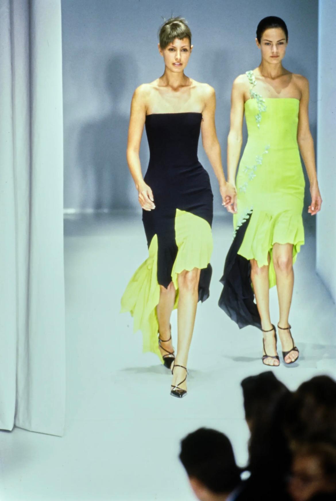 1997 Runway Documented Versace Lime Green Embellished Dress For Sale 4