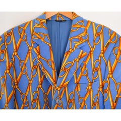 1997 Runway Moschino Scissor Pattern Blue & Gold Velvet Suit Jacket - Blazer