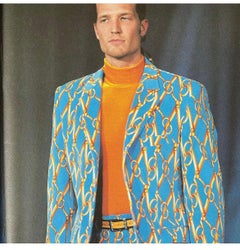 Mens 1997 Runway Moschino Scissor Pattern Blue & Gold Velvet Suit Jacket Blazer