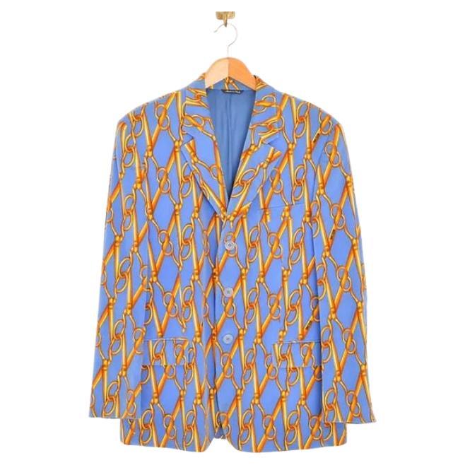 1997 Runway Moschino Scissor Pattern Blue & Gold Velvet Suit Jacket - Blazer For Sale