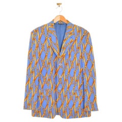 1997 Runway Moschino Scissor Pattern Blue & Gold Velvet Suit Jacket - Blazer