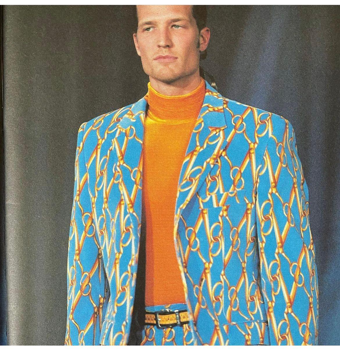 1997 Runway Moschino Scissor Pattern Blue & Gold Velvet Suit Trousers For Sale 1