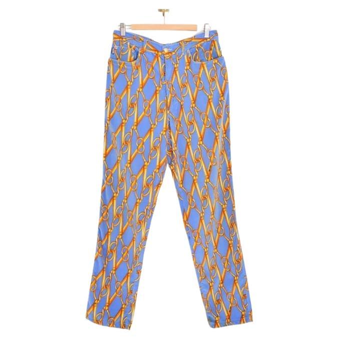 1997 Runway Moschino Scissor Pattern Blue & Gold Velvet Suit Trousers For Sale