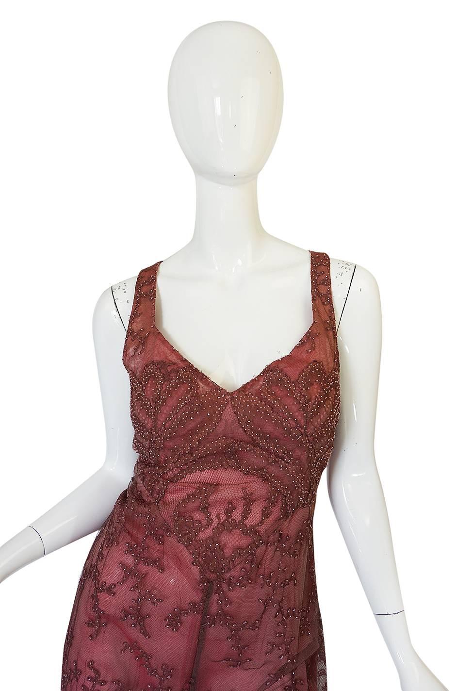 Brown 1997 Valentino Dusky Pink Beaded Net & Applique Dress