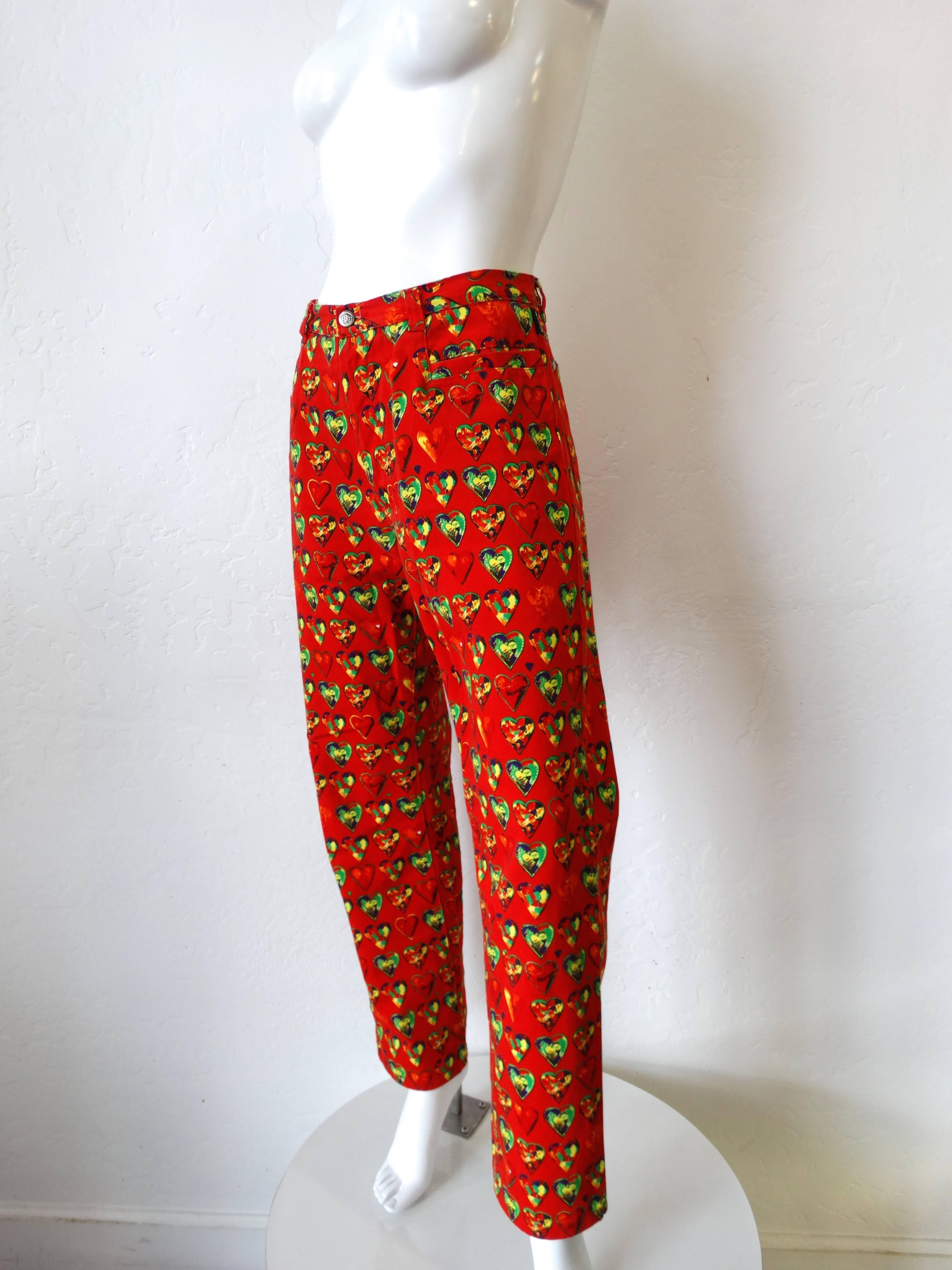 Red 1997 Versace Jeans Heart Printed Pants  For Sale