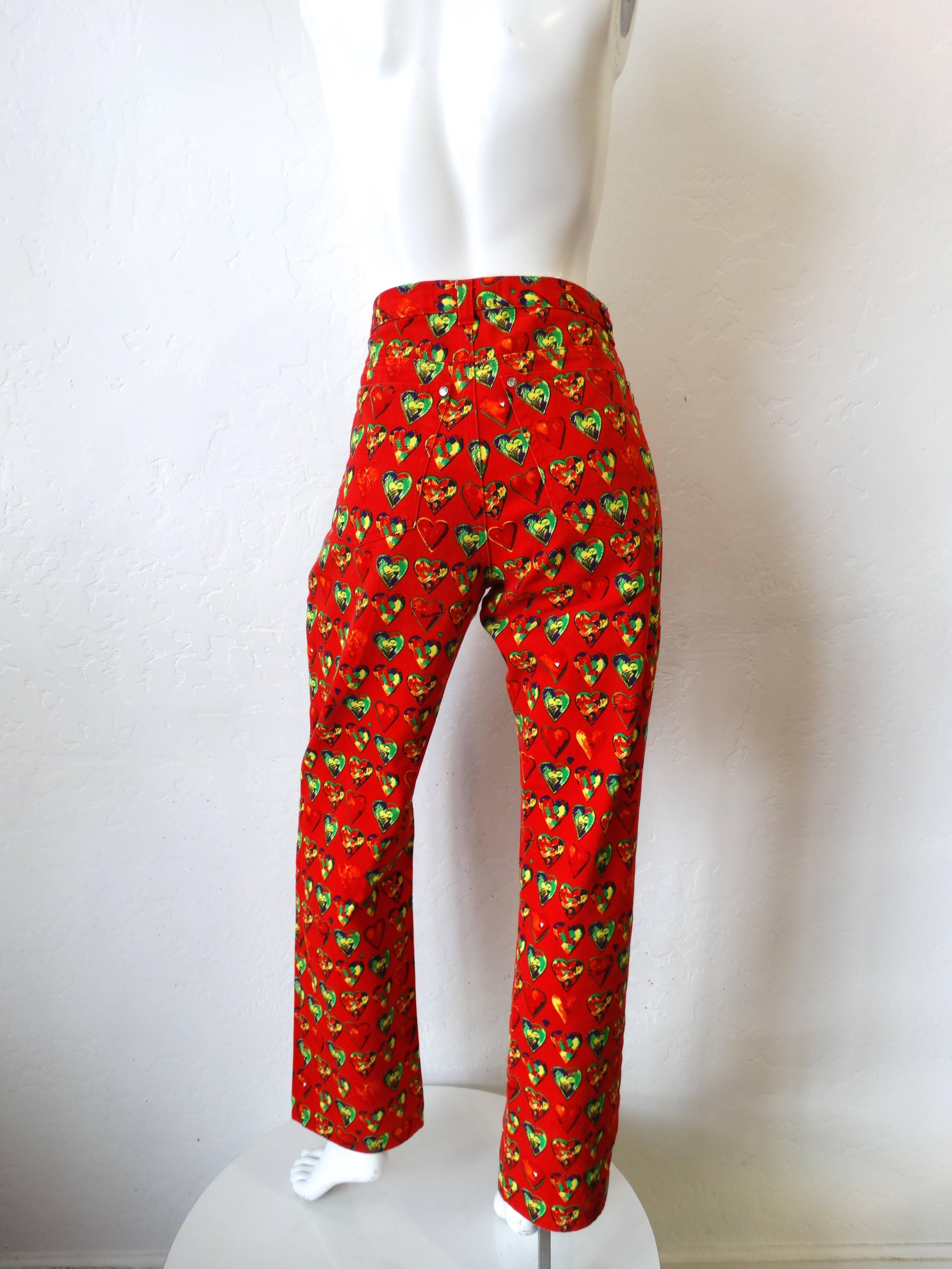 1997 Versace Jeans Heart Printed Pants In Excellent Condition For Sale In Scottsdale, AZ