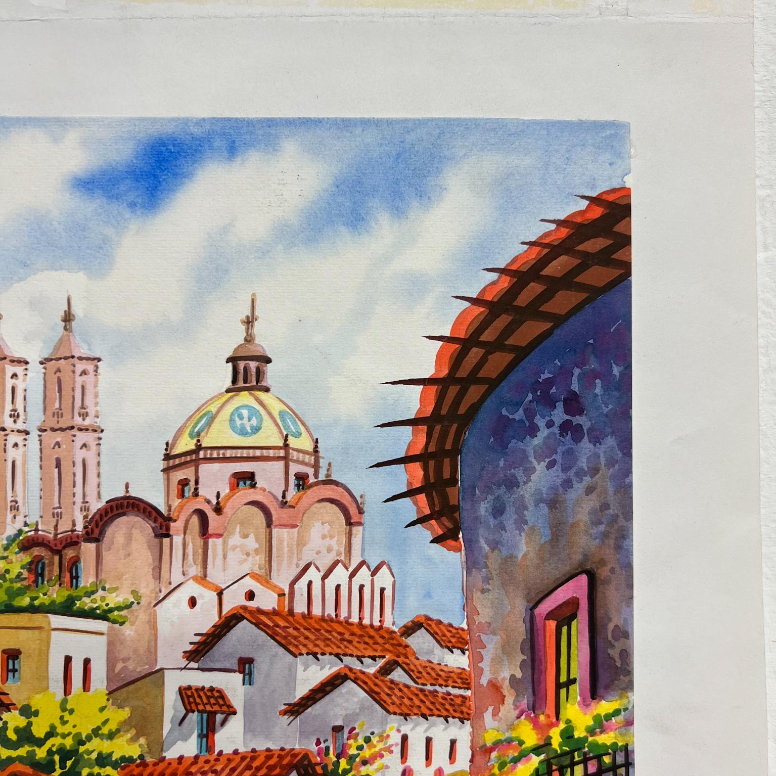 Expressionist 1997 Vintage Art Original Watercolor Cobblestone Village #1 by Carrillo For Sale
