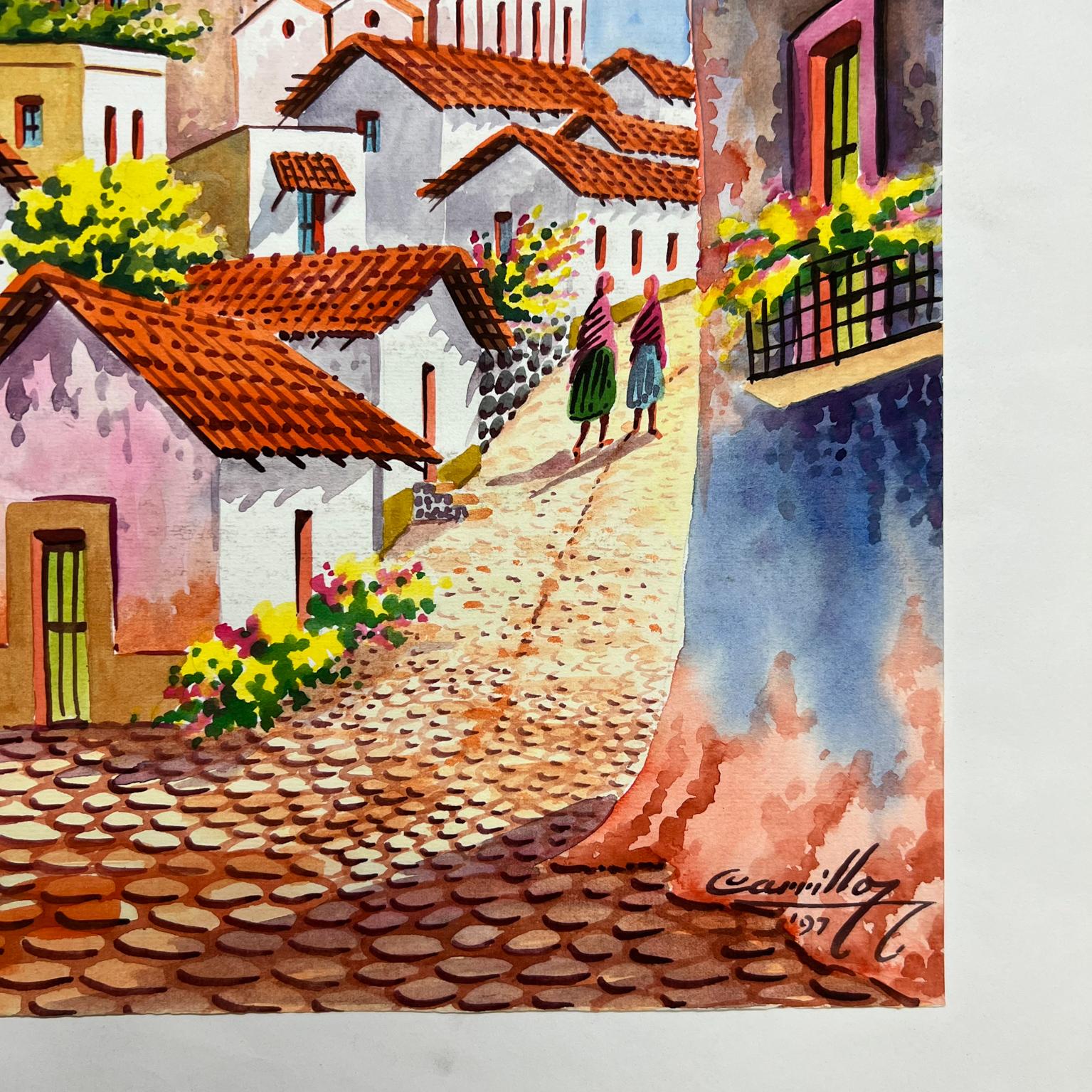 1997 Vintage Art Original Watercolor Cobblestone Village #1 by Carrillo In Good Condition For Sale In Chula Vista, CA