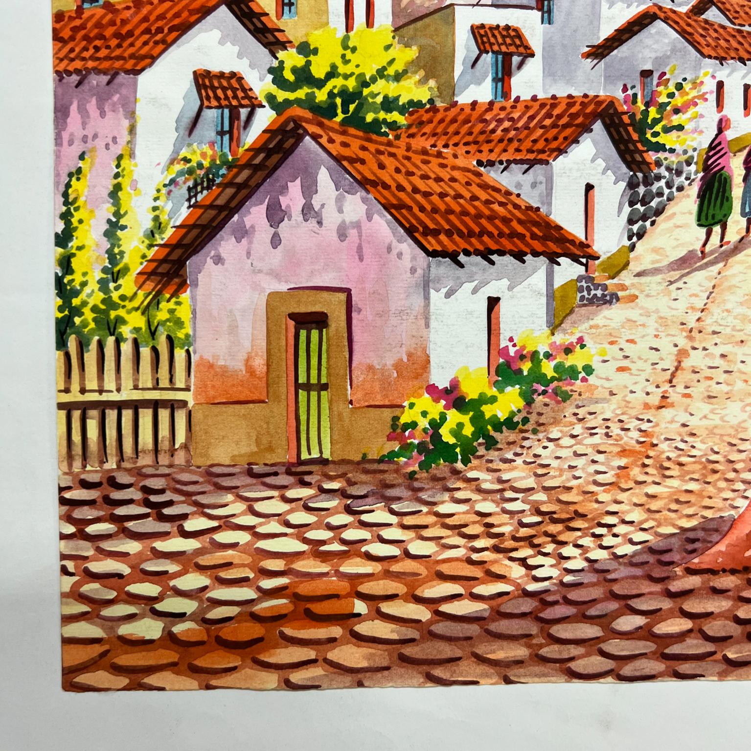 Late 20th Century 1997 Vintage Art Original Watercolor Cobblestone Village #1 by Carrillo For Sale