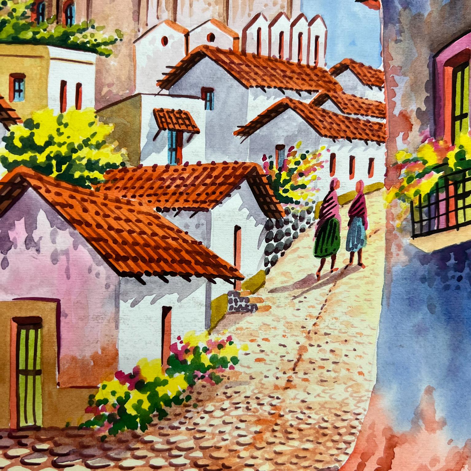 Paper 1997 Vintage Art Original Watercolor Cobblestone Village #1 by Carrillo For Sale