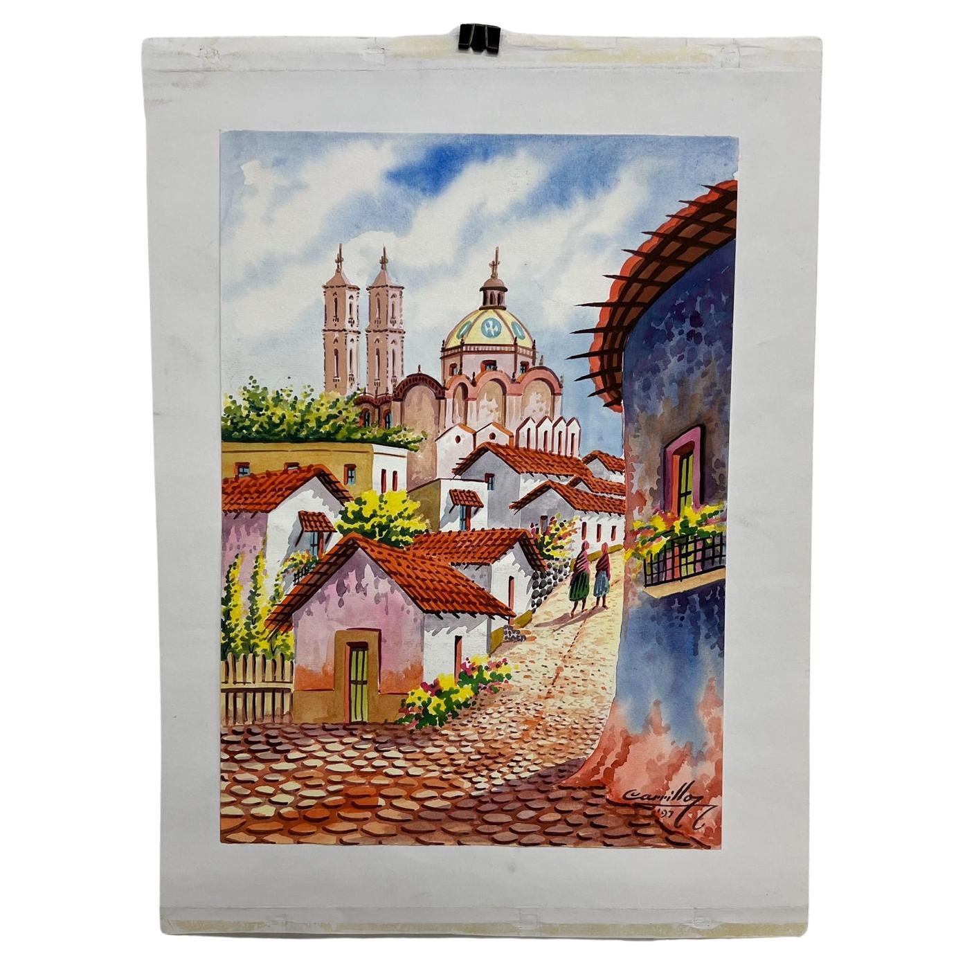 1997 Vintage Art Original Watercolor Cobblestone Village #1 by Carrillo