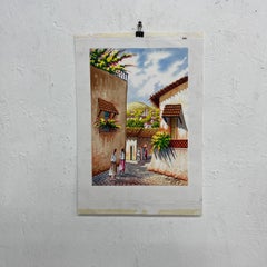 1997 Vintage Art Original Watercolor Cobblestone Village #2 by Carrillo