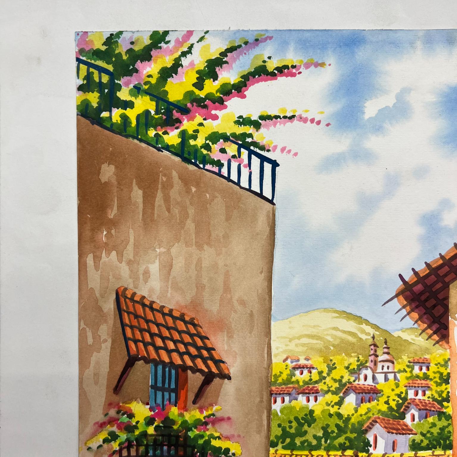 Expressionniste Aquarelle d'art vintage originale Cobblestone Village n° 2 de Carrillo, 1997 en vente