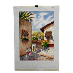 1997 Retro Art Original Watercolor Cobblestone Village #2 by Carrillo
