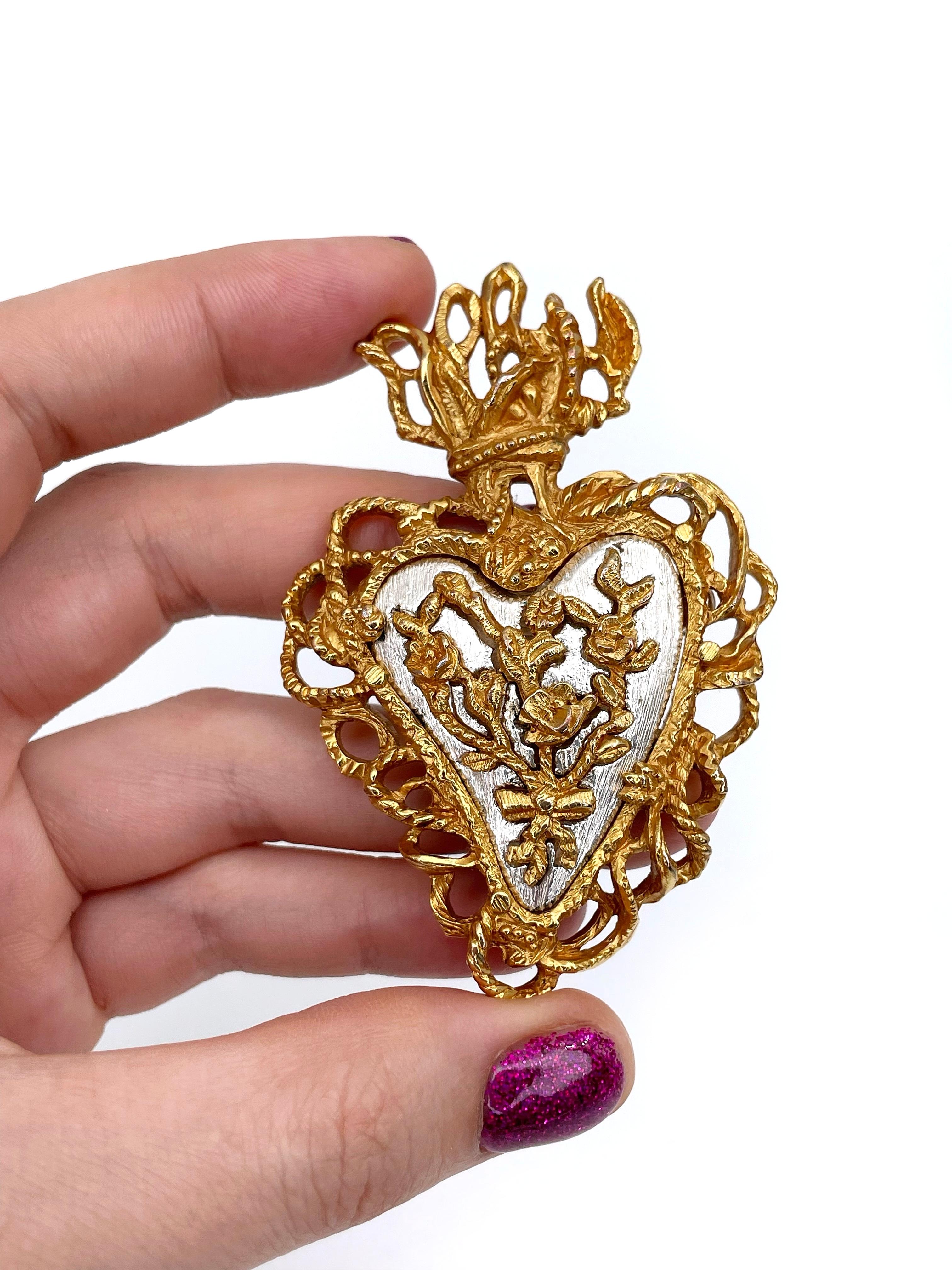 Modern 1990s Vintage Christian Lacroix Sacred Flaming Floral Heart Pin Brooch