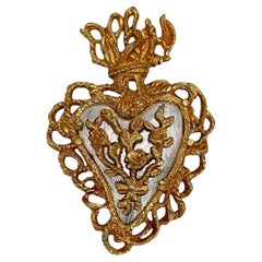 1990 Vintage Christian Lacroix Sacred Flaming Floral Heart Pin Brooch