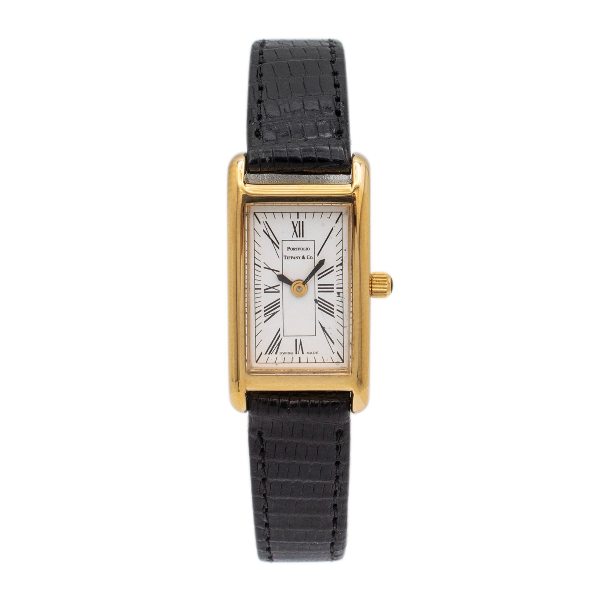 Brand: Tiffany & Co.

Gender: Ladies

Metal Type: 18K Gold Plated

Weight: 14.05 grams

Ladies Swiss made Tiffany & Co. gold plated watch with original box and papers. Engraved with 
