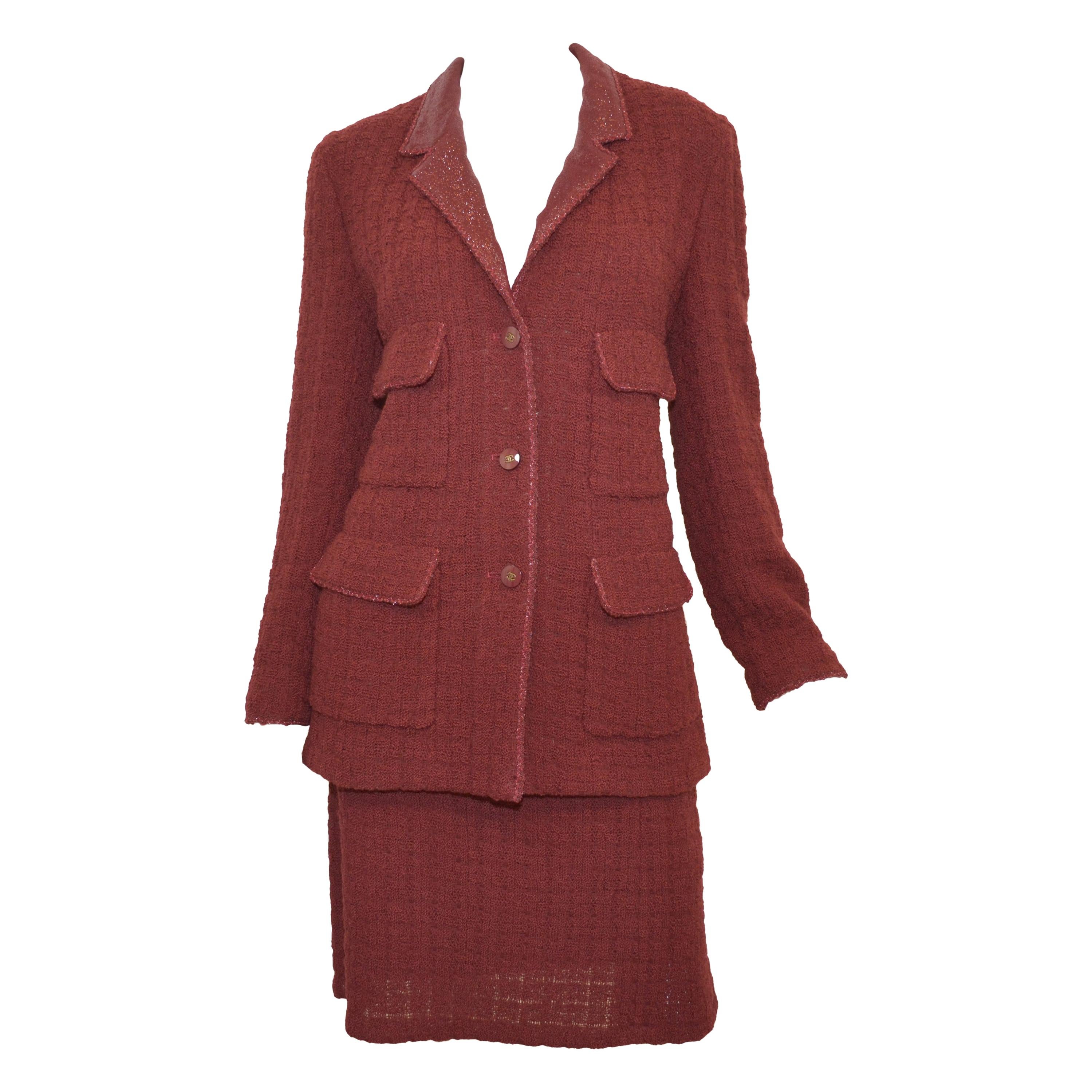1998 A Chanel Maroon Knit Skirt with Jacket Set