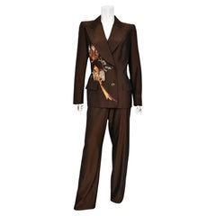 1998 Alexander McQueen for Givenchy Brown Wool Embroidered Birds Blazer Pantsuit