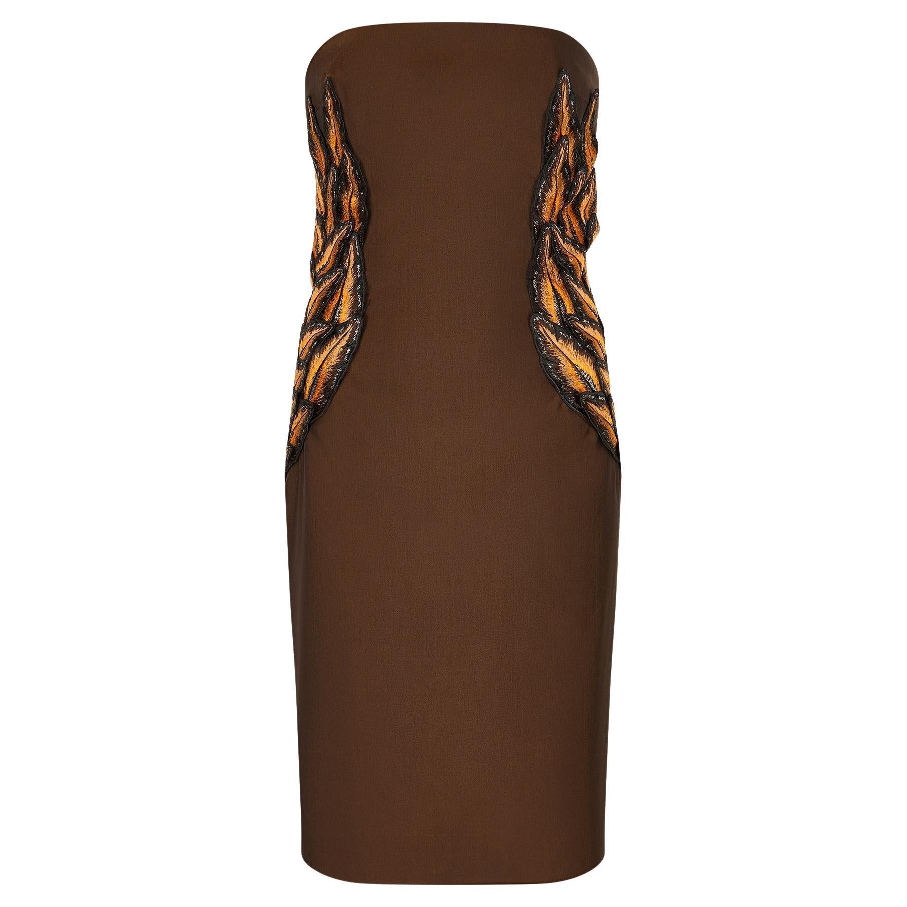 1998 Alexander McQueen for Givenchy Runway Brown Embroidered Dress For Sale