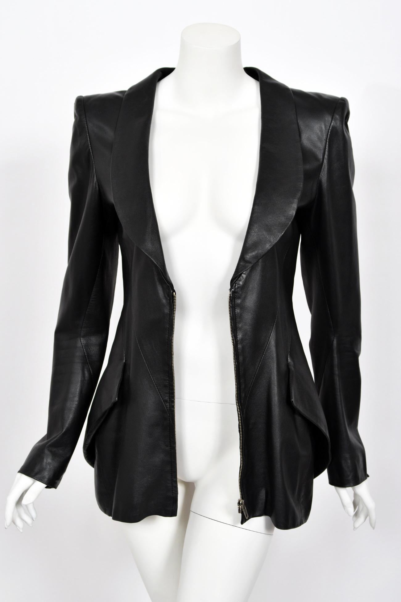 Women's 1998 Alexander McQueen Lifetime 'Joan' Collection Black Leather Sculpted Jacket For Sale