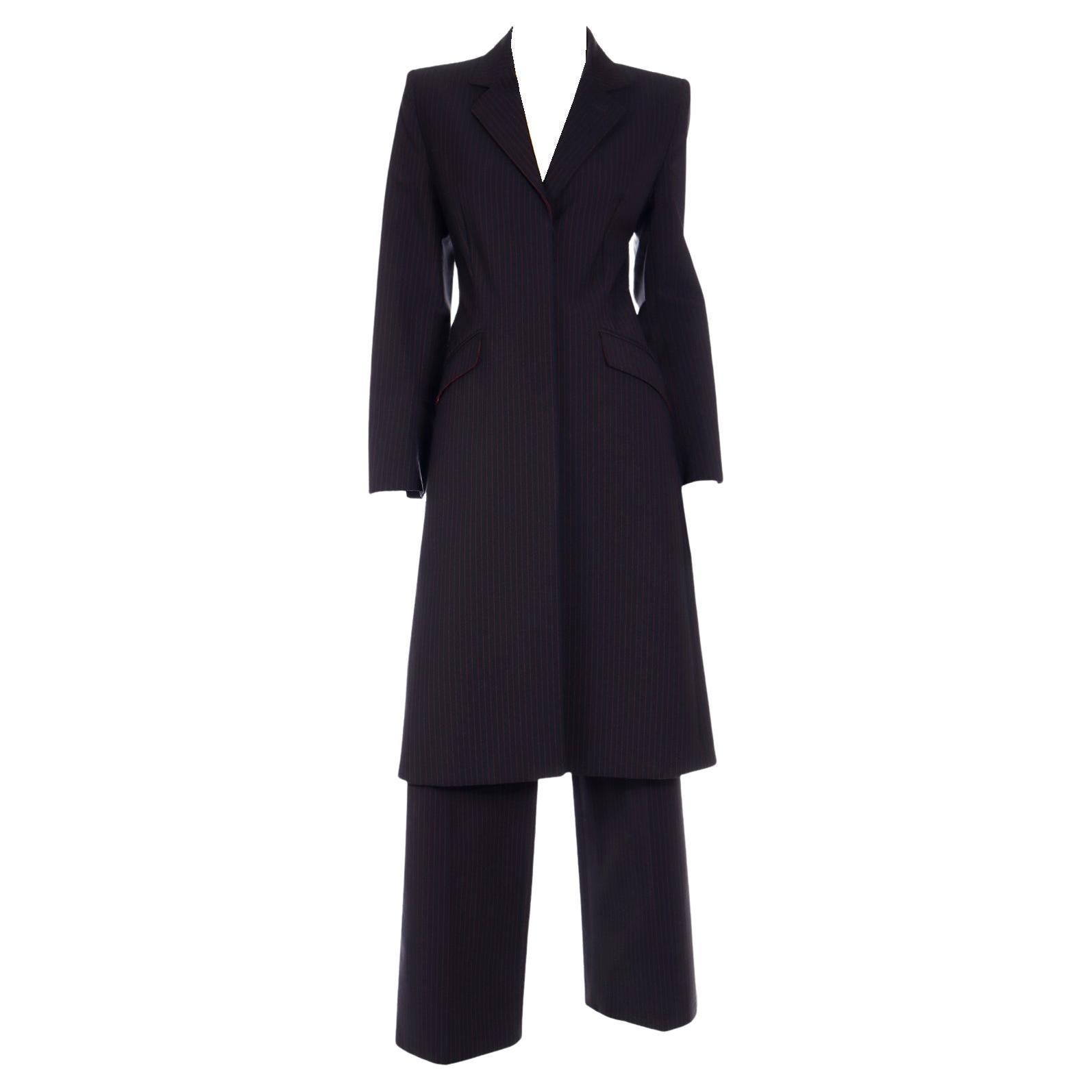 1998 Alexander McQueen Runway Joan Black & Red Pinstripe Long Coat Trouser Suit 13