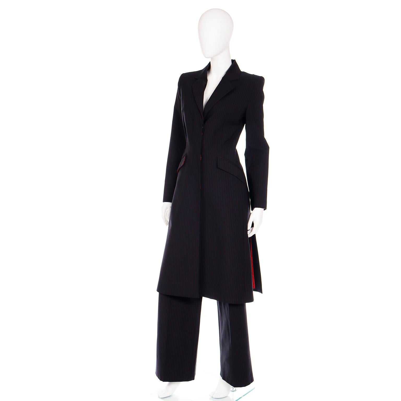 Women's 1998 Alexander McQueen Runway Joan Black & Red Pinstripe Long Coat Trouser Suit